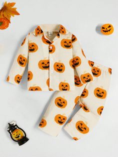 2pcs Newborn Baby Boy Casual Pumpkin Print Long Sleeve Top And Pants Set, Halloween Pajamas Outfit, For Halloween Party Apricot     Halloween  Non-Stretch  Baby Boys Clothing, size features are:Bust: ,Length: ,Sleeve Length: White Sleep Sets For Fall, Halloween Costume Sets With Long Sleeves, Long Sleeve Halloween Costume Sets, White Long Sleeve Sets For Costume Party, White Long Sleeve Costume Party Set, Cute Cotton Halloween Sleepwear, Long Sleeve Sleepwear For Halloween Playtime, Cute White Halloween Costume, White Long Sleeve Sets For Halloween