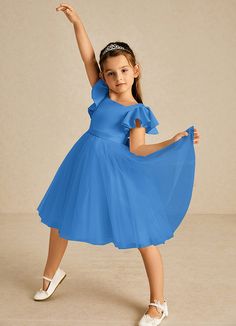 Kaeya is an enchanting flower girl satin A-line dress that features a square neckline that is framed with adorable puff cap sleeves. A sash that comes to a removable bow in the back adds a charming accent. The tulle A-line silhouette allows your little one to feel delightfully free to twirl at every occasion. Royal Blue Flowers, Flower Girl Dresses Blue, Tulle Flower Girl, Flower Girl Dresses Tulle, Dress Flower, Matte Satin, Flower Girl Dress, Blue Jay, A Princess