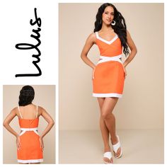 Description: Your Day Will Be Especially Cute When You Head Out In The Lulus Nothing But Sweet Coral Color Block Cutout Mini Dress! Lightweight Cotton-Blend Fabric Shapes This Chic Little Dress With A Flattering V-Neckline, Princess-Seamed Bodice, And Adjustable Straps. Flirty Cutouts At The Sides Accent The Fitted Waist That Tops A Figure-Skimming, A-Line Skirt That Finishes At A Mini Hem. Contrasting White Trim Lends A Color Block Effect Throughout. Hidden Back Zipper/Clasp. Fit: Bust: Great F Peach Maxi Dresses, White Lace Skater Dress, Red Skater Dress, Cutout Mini Dress, Bell Sleeve Shift Dress, Metallic Mini Dresses, Mini Skater Dress, Green Sequins, Striped Mini Dress