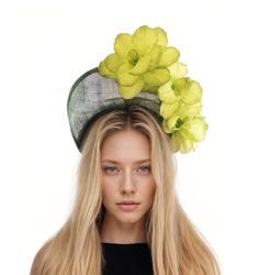 Forest Dark Green Acid Apple Lime Halo Crown Kentucky Derby Fascinator Hat Padded Headband  Wedding Cocktail Percher Tea Party Headpiece Hat Spring Summer Hat & Fascinator Collection Antoinette Fascinator Hat Gorgeous lime green silk flowers with crown style forest dark green sinamay base Base measures about 8cm high This dark green and lime headpiece is mounted with a matching headband. If you prefer a headband to match your hair, please make a note at check out what colour headband you want. T Spring Church Fascinator, Summer Church Fascinator With Headband, Fitted Summer Hair Accessories With Handmade Flowers, Formal Mini Hat Headband For Summer, Formal Summer Mini Hats With Headband, Formal Summer Mini Hat Headband, Summer Hair Accessories With Handmade Flowers, Summer Formal Costume Headband, Spring Headband With Pinched Crown