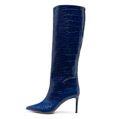 Elevate your style with these stunning Cobalt Blue Croco Embossed Knee High Boots. Featuring a pointy toe and stiletto heel, they add a bold and fashionable touch to any outfit. Color: Cobalt blue Heel Type: Stiletto heel Heel height: 3.35" / 85 mm approx Product measurements were taken using size 8. Please note that measurements may vary by size. Toe: Pointed toe The knee-high boots with stylish croco embossed upper and slip-on style design. Handcrafted US sizing. Fits true to size. Elegant Blue Boots For Formal Occasions, Elegant Blue Formal Boots, Formal Fitted Blue Boots, Blue Pointed Toe Boots For Formal Occasions, Formal Blue Pointed Toe Boots, Fitted Blue Luxury Boots, Chic Blue Formal Boots, Formal Fitted Boots With Crocodile Pattern, Fitted Crocodile Pattern Pointed Toe Boots