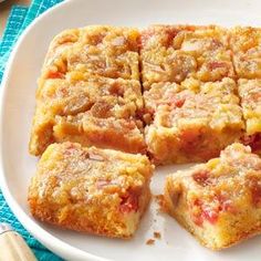 a white plate topped with squares of food