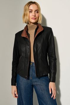 You'll feel like wearing the Jenna Lite lambskin jacket all year long. Expertly tailored with a softly shaped shoulder, the Jenna jacket is prepared for travel or any time between. This lightweight jacket features a double collar and a snap-and-zip front placket that helps keep out any chilly breeze. Coordinating smooth lambskin trims the collar and pocket edges, lending it a sporty attitude that's ready to go anywhere you take it. 2025 Goals, Lambskin Jacket, Jacket Cape, Double Collar, Leather Jacket Style, Lambskin Leather Jacket, Sheepskin Coat, Blazer Vest, Wrap Sweater