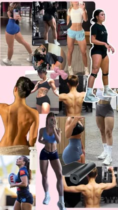 a collage of photos showing the back and sides of women in athletic wear, including shorts