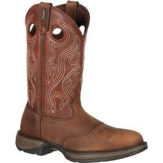 Brown Round Toe Work Boots For Riding, Durable Brown Snip Toe Work Boots, Durable Brown Western Style Work Boots, Brown Durable Western Work Boots, Brown Durable Snip Toe Work Boots, Brown Western Style Durable Work Boots, Durable Rugged Brown Boots, Rugged Brown Waterproof Boots For Ranch, Brown Steel Toe Boots For Outdoor Activities