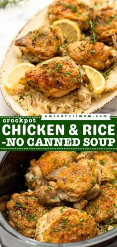 Crockpot Chicken and Rice is an easy, all-in-one slow cooker dinner featuring crispy chicken thighs and perfectly seasoned rice. Chicken Ideas For Dinner, Chicken Thigh And Rice Recipe, Slow Cooker Chicken Rice, Crockpot Rice Recipes, Crock Pot Chicken And Rice, Crockpot Chicken And Rice, Chicken And Rice Crockpot, Crockpot Chicken Thighs, Crockpot Chicken Healthy