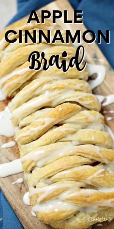 an apple cinnamon braid with icing on a cutting board