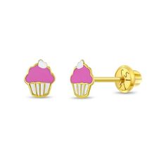 This pair of cupcake screw back earrings looks simply adorable! Each cupcake earring is brightly colored with enamel and set into 14k yellow gold, which is suitable for children with sensitive ears. Its kid friendly screw backs ensure that the earrings will stay safely in place. Order this almost literal sweet pair of earrings for your food lover girls and they'll arrive in their own lovely gift box for you! Size: one size.  Color: Pink.  Gender: female.  Age Group: kids. Gold Jewelry Earrings, Screw Back Earrings, Sensitive Ears, White Enamel, Kid Friendly, Lovely Gift, Food Lover, Gender Female, Pink White