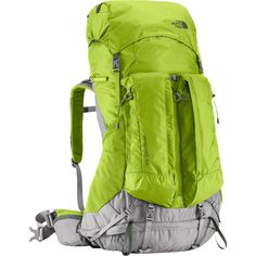 the north face backpack is shown in neon green and grey, with straps on each side