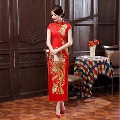 Great Shopping New Red Chinese Womens Embroidery Evening Party Dress Long Cheongsam Qi Pao, Women's Dresses Elegant Red Dresses For Festivals, Red Short Sleeve Cheongsam For Party, Red Spring Wedding Cheongsam, Traditional Red Embroidered Cheongsam, Red Embroidered Dress For Banquet, Party Dresses For Festivals With Short Sleeves, Red Cheongsam For Spring Festivals, Red Cheongsam For Spring Festive Occasion, Festive Red Cheongsam For Spring