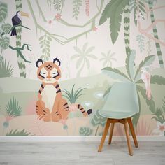 Tiger Pastel Jungle Wallpaper In Room With Lime Coloured Chair Kindergarten Wallpaper, Jungle Scene, Cartoon Tiger, Animal Mural, Jungle Wallpaper, Friends Wallpaper, Kids Room Wallpaper, Forest Wallpaper, Nursery Wallpaper