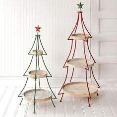 Three-Tier Rustic Christmas Tree Display Stands (Set of 2)-Home Decor-Vintage Shopper Christmas Tree Display, Tree Display, Wood Shelving, Large Christmas Tree, Rustic Christmas Tree, Display Stands, Small Trees, For Your Party, Rustic Christmas