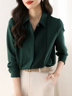 Long Sleeves Loose Buttoned Pleated Solid Color Lapel Blouses & Shirts Tops WHEAT-2XL Chiffon Fashion, Leisure Fashion, Pleated Blouse, Professional Women, Outfit Combinations, Fashion Seasons, Long Sleeve Shirt, Work Outfit, Casual Looks