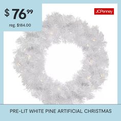 a white artificial christmas wreath is on sale for $ 76 99 at jc penney