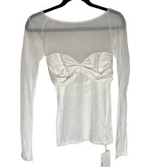 Commense Nostalgia Off-Shoulder Mesh Long Sleeve Shirt Size: Large Color: White Pit To Pit: 14 Inches Flat Shoulder To Hem: 24 Inches Pit To Wrist: 21.5 Inches 100% Polyester Chic Fitted Long Sleeve Top For Brunch, White Fitted Off-shoulder Blouse, Fitted Off-shoulder White Blouse, White Fitted Long Sleeve Top For Summer, White Stretch Top For Party, White Stretch Party Top, Fitted White Long Sleeve Top For Summer, Trendy White Long Sleeve Summer Top, White Fitted Top For Party