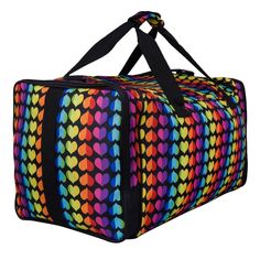 Make packing for sleepovers, sports practice, and trips to grandma's a breeze with the Wildkin Weekender Duffel Bag! Wildkin's Weekender Duffel Bag is sized to fit in an overhead bin when used as a carry-on, so your child will never have to travel without it! Its roomy interior means your child can pack more than just the bare necessities. Use the spacious front pocket and two side pockets to conveniently store and access those items theyll need in a flash. Whether they're packing cleats and sna Multicolor Rectangular Travel Bag For Outdoor Activities, Casual Multicolor Travel Bag For Overnight Trips, Casual Multicolor Bag For Overnight Trips, Adult Footie Pajamas, Luggage Shop, Carry On Size, Rainbow Hearts, Footie Pajama, Girl Rainbow