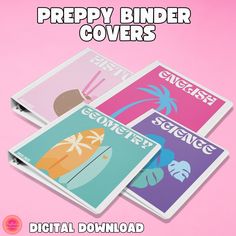 four different colored binders with the words preppy binder covers on them in front of a pink background