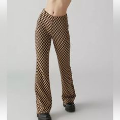 Nwot Urban Outfitters Checkered Brown Flare Pants Size Small Super Comfy And Flattering Soft Retro Brown Straight Bottoms, Retro Brown Straight Pants, Non-stretch High Waist Bottoms By Urban Outfitters, Casual Fitted Brown Bottoms, Urban Outfitters Casual Bottoms, Urban Outfitters High Waist Fitted Bottoms, Urban Outfitters High-waisted Fitted Bottoms, Trendy Fitted Bottoms From Urban Outfitters, Trendy Fitted Bottoms By Urban Outfitters