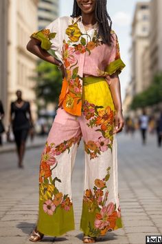 Fisdy - Chic Two-Piece Set with Floral Print, Turndown Collar, and Short Sleeves Spring Short Sleeve Printed Sets, Casual Multicolor Short Sleeve Jumpsuits And Rompers, Multicolor Floral Print Short Sleeve Sets, Casual Pink Printed Sets, Casual Pink Sets For Vacation, Bike Dress, Linen Style, Loose Outfit, Turndown Collar