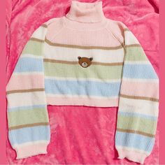 This Is A Pastel Pink, Blue, Green, And Brown Cute Bear Turtle Neck Long Sleeve Sweater Shirt For Women The Size Is Medium It Has Never Been Worn And It’s Brand New With Tags Still Attached. It’s In Great Mint Condition. There Are No Signs Of Wear, No Damages, And No Tears. I Ship Within 1-3 Days Excluding Sundays And Holidays From A Smoke-Free House Cute Striped Long Sleeve Sweater, Cute Striped Fall Tops, Cute Striped Tops For Fall, Pastel Long Sleeve Tops For Winter, Turtleneck Aesthetic, Pastel Clothes, Turtle Neck Long Sleeve, Cashmere Poncho, Pastel Outfit