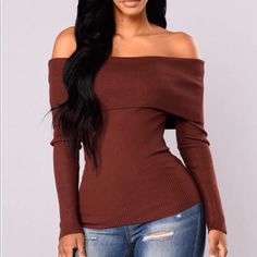 Brand New Never Opened Sealed Red Off-shoulder Tops For Fall, Fall Season Red Off-shoulder Tops, Fall Off-shoulder Red Tops, Winter Party Brown Tops, Brown Winter Party Tops, Trendy Brown Tops For Date Night, Brown Off-shoulder Tops For Fall, Brown Tops For Date Night In Fall, Chic Winter Tops For Date Night