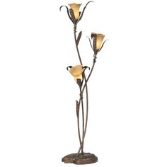 three light floor lamp with flowers on the top and one flower in the middle, against a white background