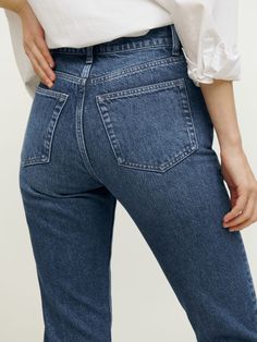 Cynthia High Rise Straight Jeans - Sustainable Denim | Reformation Dark Wash Cotton Flare Jeans With Belt Loops, Indigo Straight Leg Jeans With Pockets, Classic High Waist Denim Blue Jeans, Classic High Waist Jeans In Denim Blue, Classic High-waist Rigid Denim Bottoms, Everyday Indigo Bottoms With Pockets, Fitted Dark Wash Jeans With Belt Loops, Indigo Bottoms With Pockets For Everyday, Medium Wash Jeans With Belt Loops For Fall