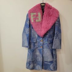 Absolutely Stunning Rare Runway Fendace Medusa Head Fendi Zucca Monogram Denim Jacket With Faux Fur Attachment This Jacket Is Absolutely Gorgeous And Will He Sure To Turn Heads Anywhere You Go! These Fendace Items Are New With Tags And Very Sought After So Get Them While You Can!! I Hate This Jacket In Size 40 Us Small Size 6 And A 38 Or Us Xs Size 4 I Also Have The Matching Boots And Shorts Available! Get This Historic Fendace Runway Piece While You Can Will Be Close To Impossible To Find Anoth Designer Blue Denim Outerwear, Designer Fitted Pink Outerwear, Designer Pink Spring Outerwear, Designer Denim Long Sleeve Outerwear, Pink Fitted Denim Outerwear, Fitted Pink Denim Outerwear, Luxury Pink Outerwear For Winter, Luxury Pink Outerwear For Spring, Luxury Pink Winter Outerwear