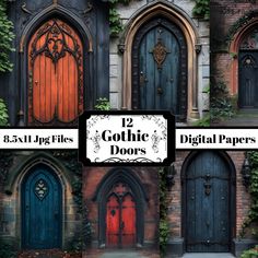 twelve gothic doors in different colors and sizes