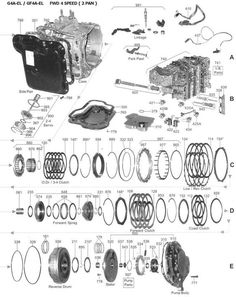 an image of the parts for a car engine and its components, labeled in black and white