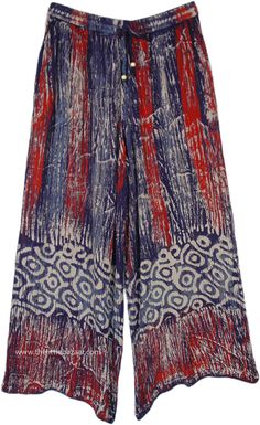 A comfortable pair of flowy wide-leg bohemian pants with tribal style print in navy, red and beige.  The prints are inspired by a waterfall in the woods and tribal patterns near the bottom create a charming look. #tlb #SplitSkirtsPants #Pocket #Printed #bohemianfashion #XLPlus #WideLegPants #BeachPants #CasualPants #HippiePants Bohemian Red Wide Leg Pants For Summer, Red Bohemian Wide Leg Pants For Summer, Red Bohemian Wide-leg Harem Pants, Navy Clothing, Bohemian Pants, Red And Beige, Boho Clothes, Navy Outfit, Hippie Pants