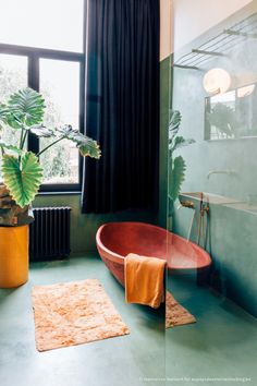 a bath tub sitting next to a window in a bathroom with a rug on the floor