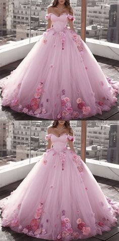 Off Shoulder Floral Flowers Ball Gown Wedding Dresses Tulle Beaded Wedding Dresses Floral, Off Shoulder Tulle, Tulle Ball Gown Wedding Dress, Off Shoulder Ball Gown, Dress Quinceanera, Pretty Quinceanera Dresses, 파티 드레스, Pink Wedding Dresses, Quinceanera Dress