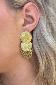 Adorable gold coin layered earrings - perfect for any occasion! Gold Coin Pendant Earrings, Hammered Gold-plated Earrings, Nickel Free Gold Plated Circle Earrings, Nickel-free Gold Plated Circular Earrings, Nickel-free Gold-plated Circular Earrings, Gold Circle Single Earring, Gold Single Circle Earring, Gold Hammered Circle Earrings, Gold Brass Round Disc Earrings