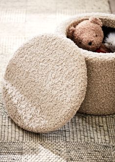 a teddy bear in a cat bed that is on top of a carpeted floor