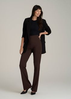 Enjoy High Style Flare Pants for Tall Women Who Dare to Flair Redefine your office chic or evening elegance with our High Rise Pull On Mini Flare Pant. These women's tall pants feature a flare leg that not only adds a retro touch but also flatters and elongates your silhouette, making them perfect for any setting that calls for a dash of sophistication. Whether you’re commanding the boardroom or enjoying a dinner date, these tall women's pants promise poise and praise.• High rise that cinches an Elastane Pantsuit For Business Casual, Elastane Pantsuit For Workwear, Chic Elastane Wide Leg Pants For Business Casual, Chic Wide Leg Pants For Business Casual, Elegant High Waist Wide Leg Elastane Pants, Elegant Straight-leg Dress Pants For Office, Elegant Straight Dress Pants For Office, Elegant Dress Pants For Night Out, Elegant Full-length Dress Pants For Night Out