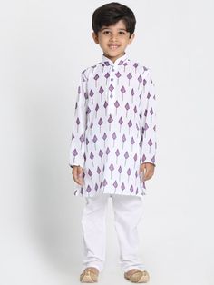 VASTRAMAY Boy's White cotton printed Kurta set is so adorable Look adorable in our comfy cotton kurta set. This set features a printed kurta with a mandarin collar and button down closure. It comes with a pair of matching pants. Features Cotton kurta with mandarin collar Button down closure Matching pants Specifications Sleeve length -Long Sleeves Top Shape-Straight Top Pattern- Printed Design Top Hemline-Straight Top Length-Knee Length Material & Care 100% cotton Machine wash cold Legal Disclai Casual Long Sleeve Sets With Printed Motifs, Casual Block Print Kurta For Eid, White Cotton Long Sleeve Kurta, Festive Patterned Sets For Eid, Casual Festive Sets For Diwali, Festive Eid Patterned Sets, White Matching Long Sleeve Sets, Casual Straight Kurta Sets For Diwali, Casual Straight Kurta Set For Eid