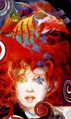 a woman with red hair and swirls on her face is depicted in this artistic painting