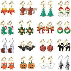 PRICES MAY VARY. 【Holiday Earrings Jewelry Bulk】: You get 16 pairs of clip-on earrings of three different holidays at once. The Women's Holiday Earrings Pack includes 8 pairs of clip on Halloween earrings, 2 pairs of clip on dangle Thanksgiving earrings and 6 pairs of Christmas clip on earrings. These earrings are recommended for teen and women without pierced ears. 【Various Popular Festival Designs】: Holiday earrings feature our favorite festival elements. Halloween earrings are pumpkin earring Thanksgiving Earrings, Earrings Pack, Snowflake Snowman, Christmas Tree Snowflake, Bat Cat, Black Cat Earrings, Halloween Clips, Jewelry Holiday, Ghost Earrings