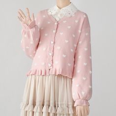 White Kawaii Cardigan, Cute Long Sleeve Cardigan, Casual Pink Ruffled Cardigan, Pink Casual Cardigan With Ruffles, Casual Pink Cardigan With Ruffles, Cute Spring Outerwear, Sweet Long Sleeve Cardigan For Spring, Sweet Long Sleeve Spring Cardigan, Pink Long Sleeve Cardigan With Ruffles