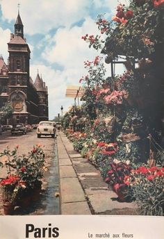 an advertisement for the paris flower market with flowers in pots and cars parked on the street