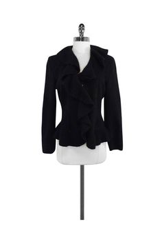 Current Boutique-Armani Collezioni - Black Wool & Angora Ruffle Jacket Sz 8 Chic Winter Blazer With Ruffles, Black Fitted Blazer With Ruffles, Fitted Black Blazer With Ruffles, Chic Formal Outerwear With Ruffles, Black Long Sleeve Outerwear With Ruffles, Black Long Sleeve Blazer With Ruffles, Chic Formal Ruffled Outerwear, Black Ruffled Blazer For Fall, Chic Ruffled Formal Outerwear