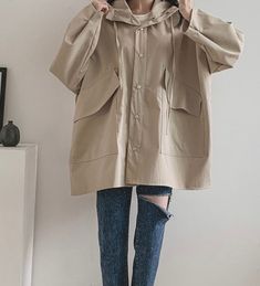 Womens Field Military Jacket with Hood Big Pocket image 5 Big Jacket, Fancy Clothes, S Korea, Khaki Jacket, Big Pocket, Womens Jackets, Jacket With Hood, Toilet Brush, Fancy Outfits