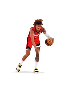 a drawing of a basketball player in red jersey and white socks holding a basketball ball