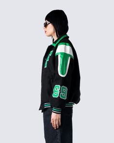 Captain of the bad b*tches 😘 Lead your team in style with this black and green varsity jacket Urban Style Varsity Jacket With Baseball Collar, Black Collegiate Varsity Jacket For Game Day, Collegiate Black Varsity Jacket For Game Day, Black Varsity Jacket For Game Day In Winter, Black Varsity Jacket For Game Day In Fall, Black Winter Varsity Jacket For Game Day, Black Long Sleeve Outerwear For Game Day, Casual Black Outerwear For Game Day, Varsity Track Jacket With Baseball Collar For Streetwear