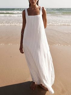 Embrace timeless style with our A-Line Loose Striped Square-Neck Maxi Dress. Crafted for comfort and sophistication, this dress features a relaxed A-line silhouette and a chic square neckline. The classic striped pattern adds a touch of flair, making it perfect for both casual outings and special occasions. Elevate your wardrobe with this effortlessly elegant maxi dress. Casual White Summer Maxi Dress, Casual White Maxi Dress For Daywear, Casual White Chiffon Maxi Dress, White Casual Dresses For Beach Season, White Summer Maxi Dress For Beach Season, White Maxi Dress For Beach Season, White V-neck Maxi Dress For Beach Season, Casual White Maxi Dress For Brunch, White Summer Maxi Dress For Brunch