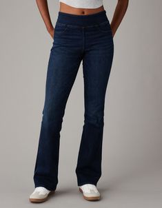 AE Luxe Pull-On High-Waisted Kick Bootcut Jean Casual Stretch Flare Jeans For Workwear, How To Wear Bootcut Jeans, White Jeans Men, Candle Pedestal, Athletic Fit Jeans, Dream Jeans, Graphic Tee Dress, Bootcut Jean, Pull On Jeans