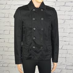 The Jacket Is Black In Color. Double Layer Neckline. Button Down Style. Size Medium. No Holes/Tears. No Stains. No Fabric Pilling. 2 Side Pockets. Thick Style. Extremely Stylish Design. Excellent Condition. Clothing Item Will Be Steam Iron Before Shipping. See Pics For Details. Measurements= All Approximate, Not Perfect. Chest (Armpit To Armpit)= 20.5 Shoulder (Shoulder Seam To Shoulder Seam)= 18 Sleeve (Shoulder Seam To End Of Sleeve)= 26 Back Length (Back Neck Seam To Bottom)= 25 Military Style Outerwear With Lapel Collar And Button Closure, Military Outerwear With Buttons And Lapel Collar, Military Outerwear With Lapel Collar And Buttons, Military Style Pea Coat With Double Button Closure, Black Military Outerwear With Stand Collar, Double-breasted Cotton Outerwear With Buttons, Black Streetwear Outerwear With Button Cuffs, Military Style Collared Outerwear With Buttons, Black Double-breasted Outerwear With Button Closure