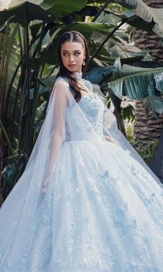 Pastel long Bahama blue a-line quinceanera ball gown with strapless sweetheart neckline and removable cape. Sweetheart Ballgown, Regal Elegance, Long Cape, Strapless Sweetheart Neckline, Quinceanera Dress, Bahama Blue, Prom Designs, Designer Prom Dresses, Rhinestone Embellishments