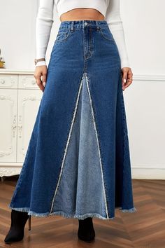 Material Denim Style Casual Pattern Type Patchwork Element Contrast Elastic No(Nonelastic) Suit Type Skirt Fit Type Regular Waist Type High Waist Closure Type Zipper Hasp Profile Conventional Type Patchwork Size(in) Waist Hips Length XS 26 37.8 37 S 27.6 39.4 37.4 M 29.1 40.9 37.8 L 31.5 43.3 38.2 Size(cm) Waist Hips Length XS 66 96 94 S 70 100 95 M 74 104 96 L 80 110 97 Tips: Due to the many variations in monitors, the color in the image could look slightly different, please take physical desig Diy Denim Skirt, Camper Reno, Blue Jeans Crafts, High Waisted Denim Skirt, Blue Jean Skirt, Denim Projects, Denim Ideas, Small Bathroom Ideas